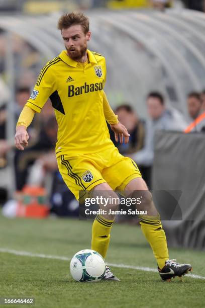 Eddie Gaven of the Columbus Crew controls the ball against the Philadelphia Union on April 6, 2013 at Crew Stadium in Columbus, Ohio.