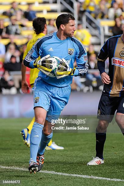 Goalkeeper Andy Gruenebaum of the Columbus Crew defends the net against the Philadelphia Union on April 6, 2013 at Crew Stadium in Columbus, Ohio.