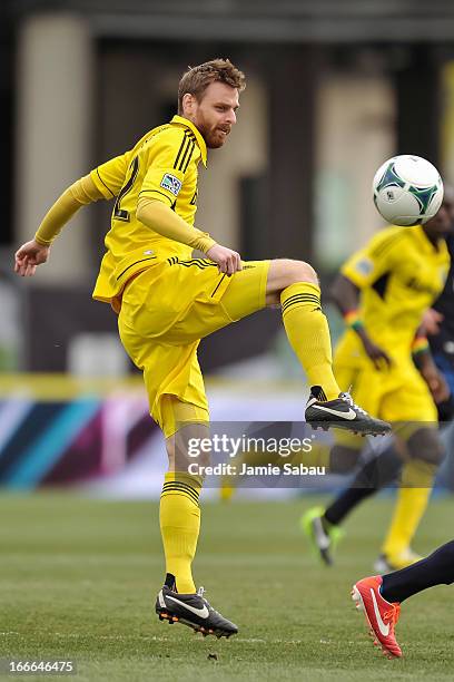 Eddie Gaven of the Columbus Crew controls the ball against the Philadelphia Union on April 6, 2013 at Crew Stadium in Columbus, Ohio.