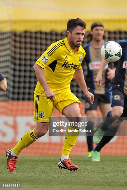 Danny O'Rourke of the Columbus Crew controls the ball against the Philadelphia Union on April 6, 2013 at Crew Stadium in Columbus, Ohio.