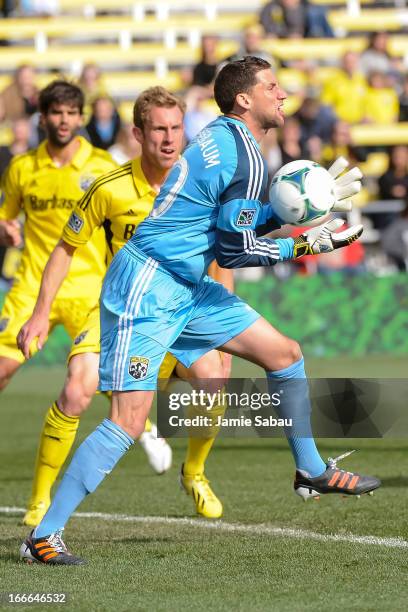 Goalkeeper Andy Gruenebaum of the Columbus Crew defends the net against the Philadelphia Union on April 6, 2013 at Crew Stadium in Columbus, Ohio.