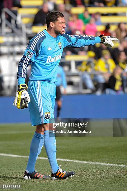 Goalkeeper Andy Gruenebaum of the Columbus Crew shouts instructions to his team during a game against the Philadelphia Union on April 6, 2013 at Crew...