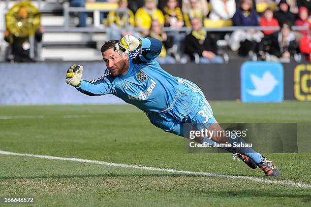 Goalkeeper Andy Gruenebaum of the Columbus Crew defends the net against the Philadelphia Union on April 6, 2013 at Crew Stadium in Columbus, Ohio.