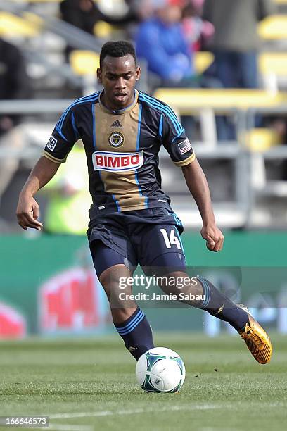 Amobi Okugo of Philadelphia Union controls the ball against the Columbus Crew on April 6, 2013 at Crew Stadium in Columbus, Ohio.