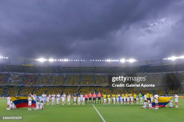 Players of Venezuela and Colombia line up prior a FIFA World Cup 2026 Qualifier match between Colombia and Venezuela at Metropolitano Stadium on...