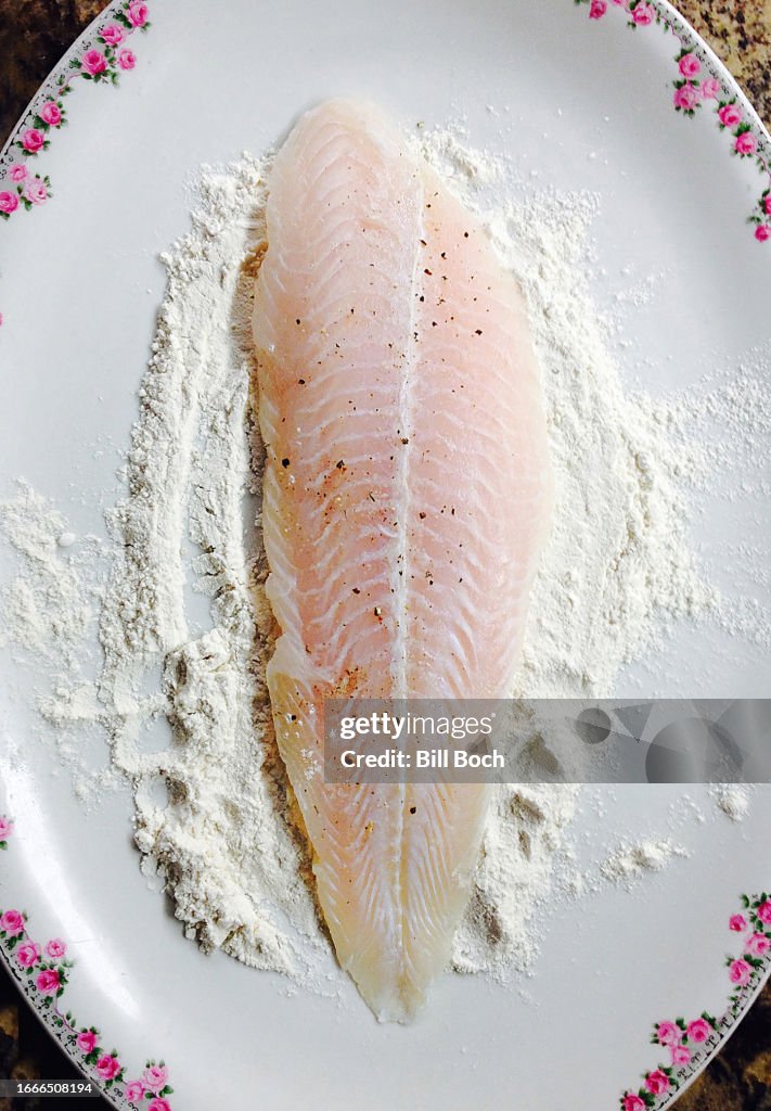 Raw sole fillet on an old plate with flour