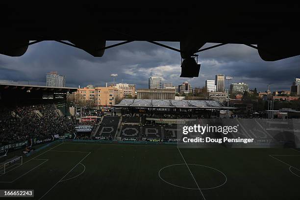 General view of the stadium prior to the match between the San Jose Earthquakes and the Portland Timbers at JELD-WEN Field on April 14, 2013 in...
