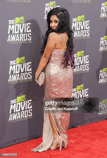 Nicole 'Snooki' Polizzi arrives at the 2013 MTV Movie Awards at Sony Pictures Studios on April 14, 2013 in Culver City, California.