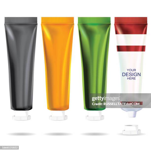 metallic screw top cosmetic medical squeeze tube bottles - toothpaste tube stock illustrations