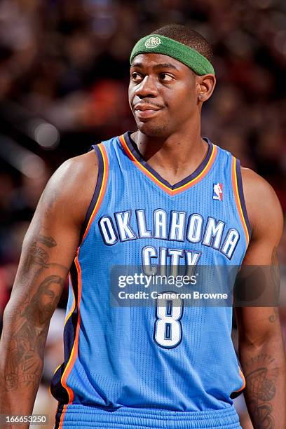 Ronnie Brewer of the Oklahoma City Thunder looks on during a game against the Portland Trail Blazers on April 12, 2013 at the Rose Garden Arena in...