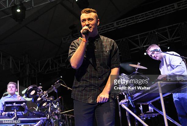 Musician Sam Smith performs onstage with Disclosure during day 3 of the 2013 Coachella Valley Music & Arts Festival at the Empire Polo Club on April...