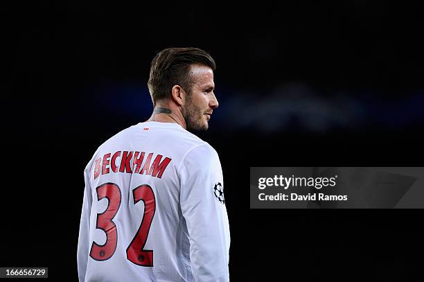 David Beckham of Paris Saint-Germain looks on during the UEFA Champions League quarter-final second leg match between Barcelona and Paris St Germain...