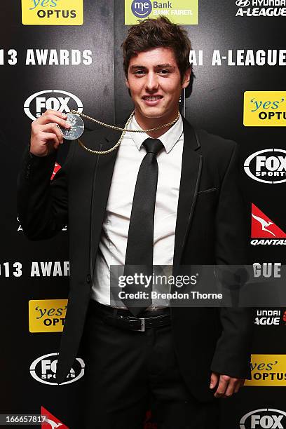 Marco Rojas of the Victory poses with the Johnny Warren Medal as the Hyundai A-League Player of the Year Award during the 2013 FFA A-League and...