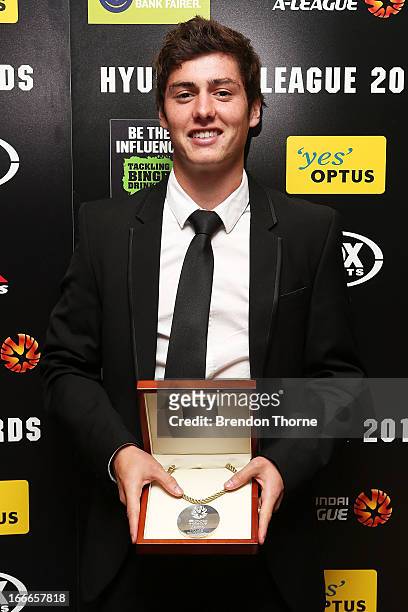 Marco Rojas of the Victory poses with the Johnny Warren Medal as the Hyundai A-League Player of the Year Award during the 2013 FFA A-League and...