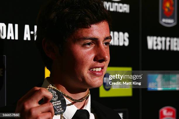 Marco Rojas of the Victory poses with the Johnny Warren Medal as the Hyundai A-League Player of the Year during the 2013 FFA A-League and W-League...