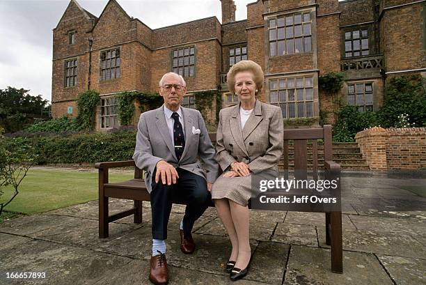 Former British Prime Minister Baroness Margaret Thatcher and her husband Dennis Thatcher outside Chequers, September 1993.