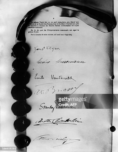 Picture taken on October 16, 1925 shows a facsimile of the signature page of the Locarno Treaties with the signatures of French Foreign Minister...