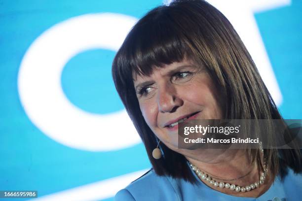 Presidential candidate of Juntos Por El Cambio Patricia Bullrich looks on during the presentation of her book "De un día para el otro" at Salon de...