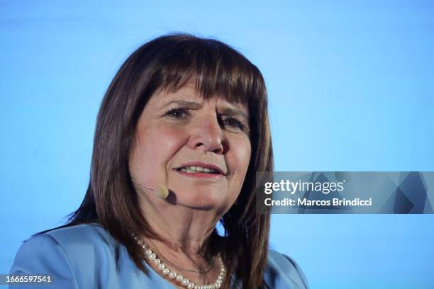 Presidential candidate of Juntos Por El Cambio Patricia Bullrich speaks during the presentation of her book "De un día para el otro" at Salon de...