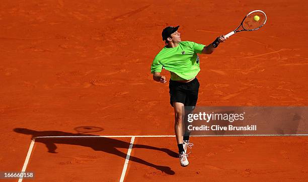 Horacio Zeballos of Argentina plays a forehand against Marin Cilic of Croatia in their first round match during day two of the ATP Monte Carlo...