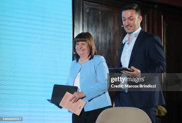 Presidential candidate of Juntos Por El Cambio Patricia Bullrich and vice-presidential candidate Luis Petri arrive for the presentation of Bullrich's...