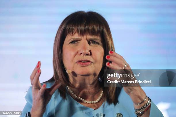 Presidential candidate of Juntos Por El Cambio Patricia Bullrich speaks during the presentation of her book "De un día para el otro" at Salon de...