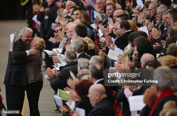 Bill Kenwright, Chairman of Everton Football Club is embraced by Margaret Aspinall, Chair of the Hillsborough Justice Campaign during the...