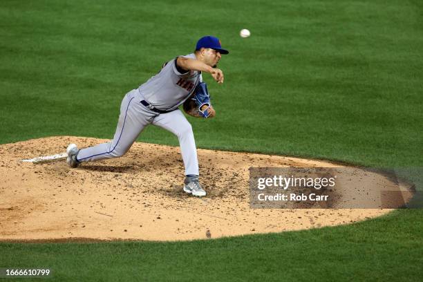 Jose Butto of the New York Mets pitches to a Washington Nationals batter in the sixth inning at Nationals Park on September 06, 2023 in Washington,...