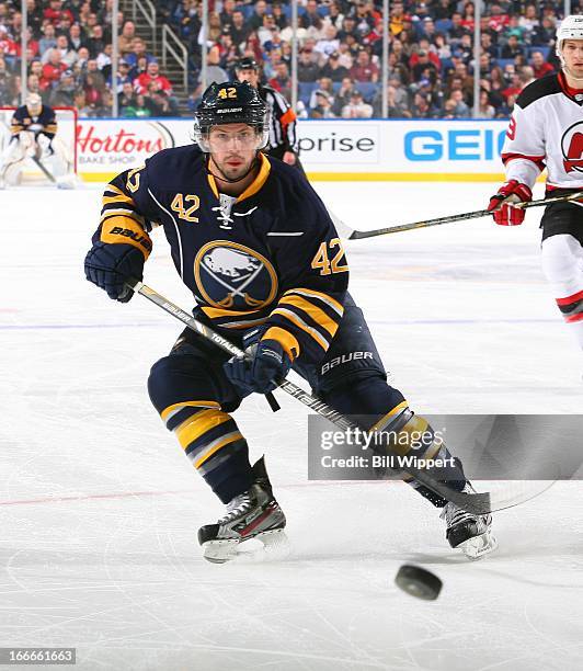 Nathan Gerbe of the Buffalo Sabres skates against the New Jersey Devils on April 7, 2013 at the First Niagara Center in Buffalo, New York.