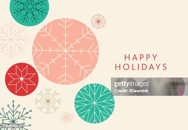 happy holidays greeting abstract geometric circle pattern greeting card flat design template with snowflake shapes - flat stock illustrations