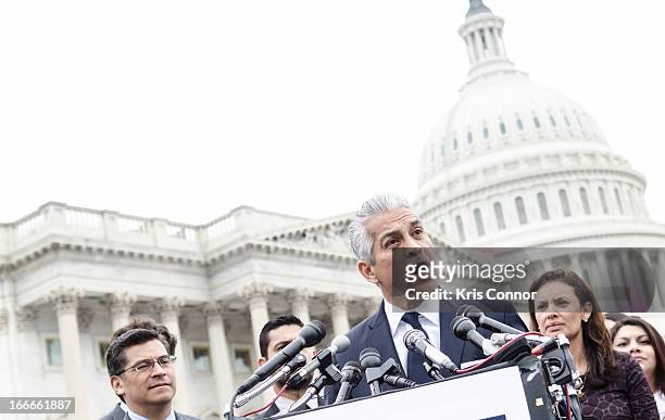 Javier Palomarez speaks during the I'm Ready for Immigration Reform campaign press conference at the House Triangle on April 15, 2013 in Washington,...