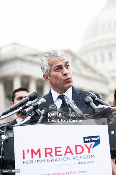 Javier Palomarez speaks during the I'm Ready for Immigration Reform campaign press conference at the House Triangle on April 15, 2013 in Washington,...