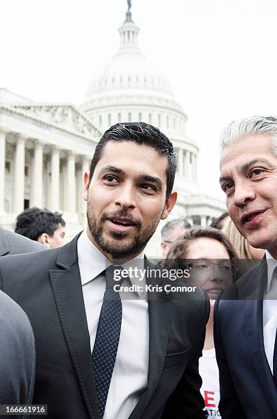 Wilmer Valderrama and Javier Palomarez speak during the I'm Ready for Immigration Reform campaign press conference at the House Triangle on April 15,...