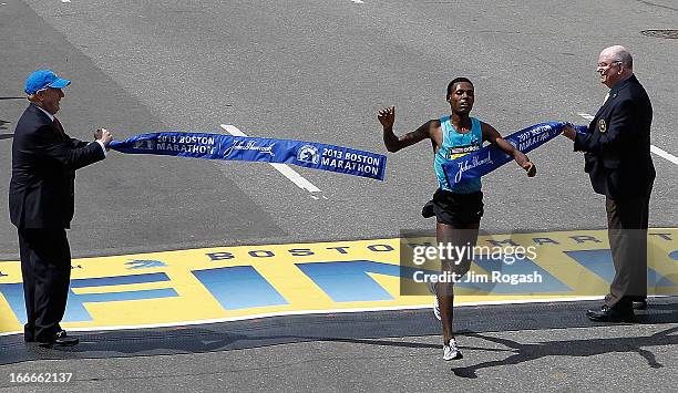 Lelisa Desisa Benti of Ethiopia crosses the finish line to win the men's division of the 117th Boston Marathon on April 15, 2013 in Boston,...