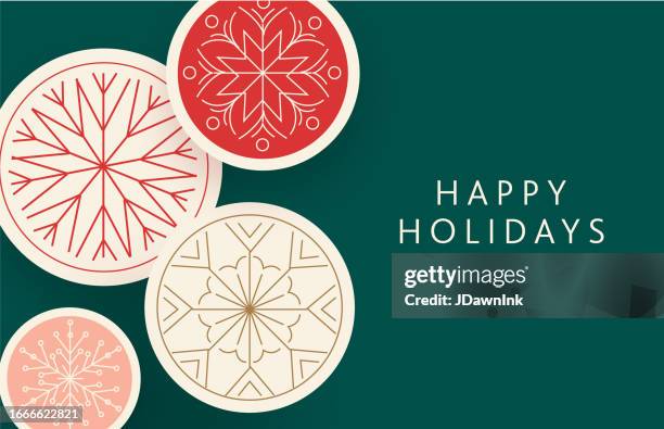 illustrations, cliparts, dessins animés et icônes de joyeuses fêtes salutation abstraite modèle de cercle géométrique carte de vœux modèle de conception plate avec des formes de flocon de neige - flocon dessin