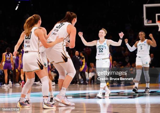 The New York Liberty celebrate a three pointer from Stefanie Dolson against the Los Angeles Sparks at the Barclays Center on September 07, 2023 in...