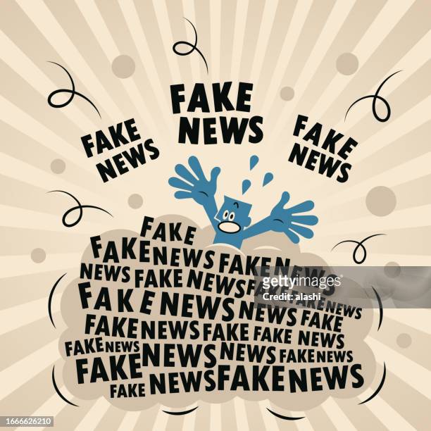ein blauer mann wird überschwemmt mit fake news, sintflut von fehlinformationen, der flut der täuschung, erstickt von unwahrheiten, überschwemmt von einem meer von lügen - misinformation stock-grafiken, -clipart, -cartoons und -symbole