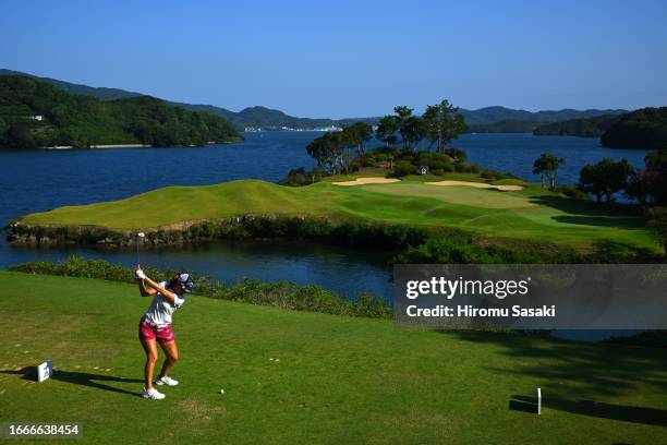 Momoko Ueda of Japan hits her tee shot on the 12th hole during the second round of the JLPGA Championship Konica Minolta Cup at Passage Kinkai Island...