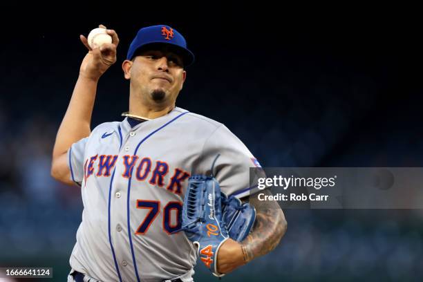 Jose Butto of the New York Mets pitches to a Washington Nationals batter in the second inning at Nationals Park on September 06, 2023 in Washington,...