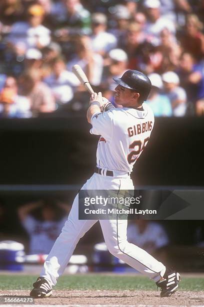 Jay Gibbons of the Baltimore Orioles takes a swing during a baseball game against the Kansas City Royals on May 5, 2002 at Camden Yards in Baltimore,...