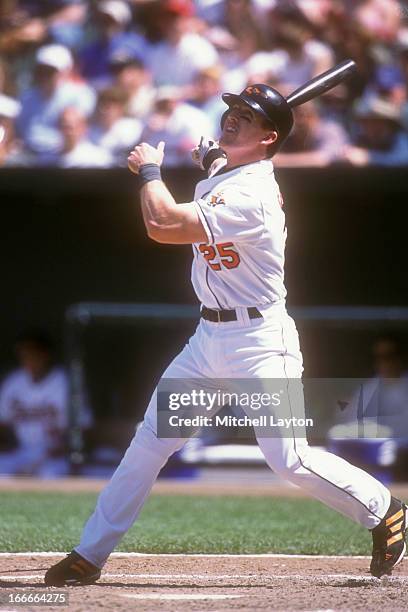 Jay Gibbons of the Baltimore Orioles takes a swing during a baseball game against the Kansas City Royals on May 5, 2002 at Camden Yards in Baltimore,...