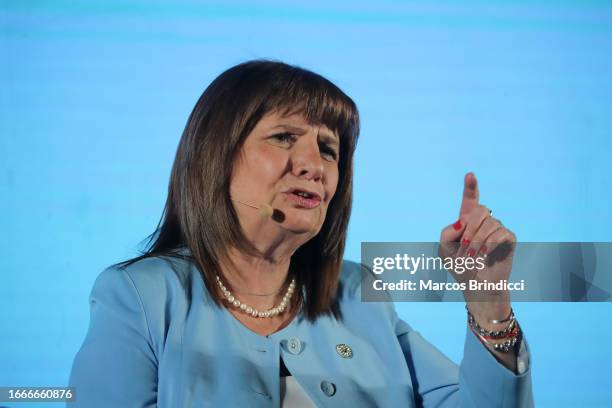 Presidential candidate of Juntos Por El Cambio Patricia Bullrich speaks during the presentation of her book "De un día para el otro" at Salon de...