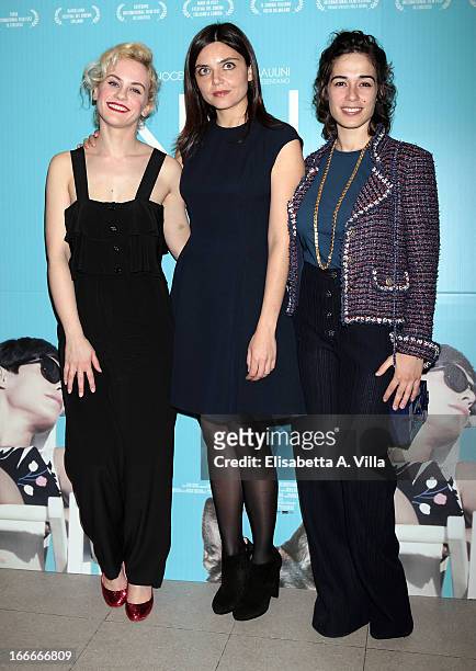 From left, actress Marina Rocco, director Elisa Fuksas and actress Diane Fleri attend 'Nina' premiere at Cinema Barberini on April 15, 2013 in Rome,...