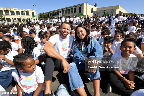 Stephen Curry and Ayesha Curry attend the launch of Stephen & Ayesha Curry's Eat. Learn. Play. New Movement while visiting Lockwood STEAM Academy on...