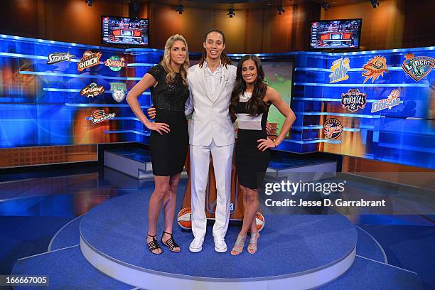 Prospects Elena Delle Donne, Brittney Griner, and Skylar Diggins pose for a portrait prior to the 2013 WNBA Draft Presented By State Farm on April...