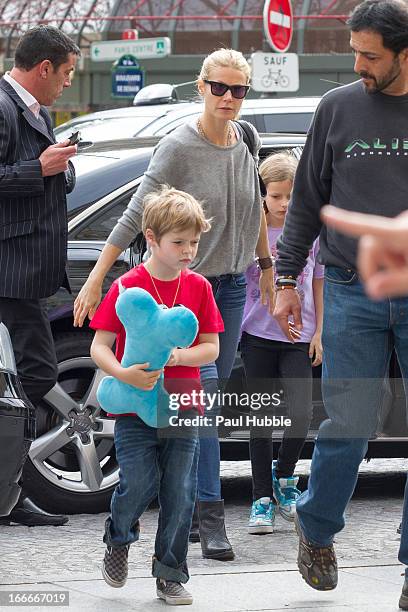 Actress Gwyneth Paltrow and her Children Moses and Apple are seen arriving at the 'Gare du Nord' station on April 15, 2013 in Paris, France.