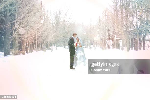 wedding in snow. - winter wedding stock pictures, royalty-free photos & images