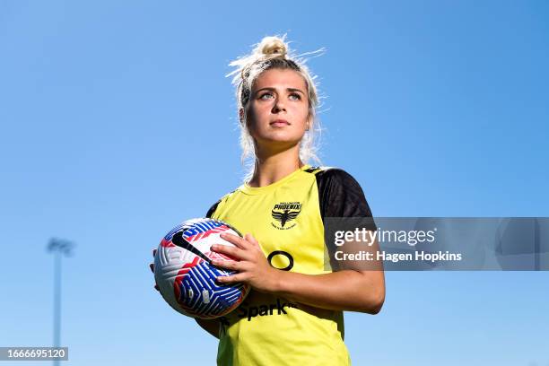 New signing Hailey Davidson poses during a Wellington Phoenix A-League Women media opportunity at NZCIS on September 08, 2023 in Wellington, New...