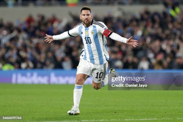 Lionel Messi of Argentina celebrates after scoring the team's first goal during the FIFA World Cup 2026 Qualifier match between Argentina and Ecuador...