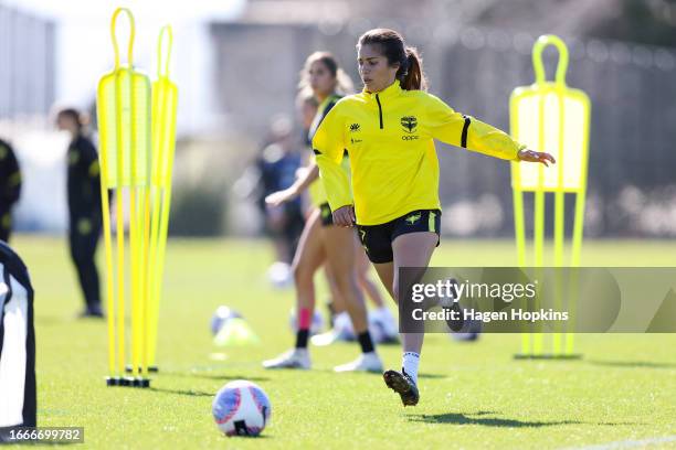 Chloe Knott in action during a Wellington Phoenix A-League Women media opportunity at NZCIS on September 08, 2023 in Wellington, New Zealand.